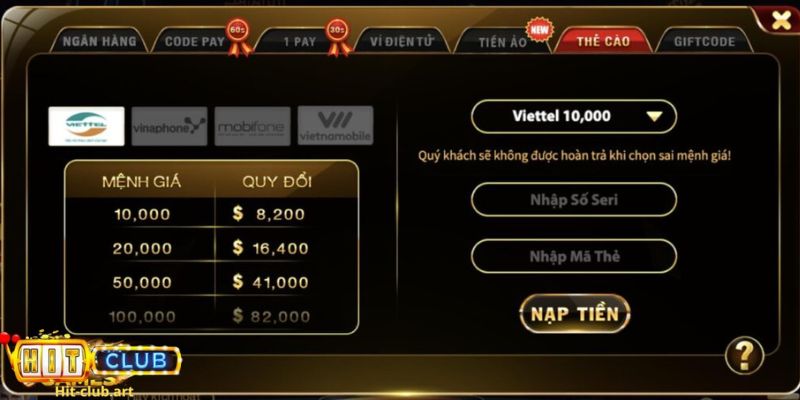 Nạp tiền hitclub qua mã cào điện thoại