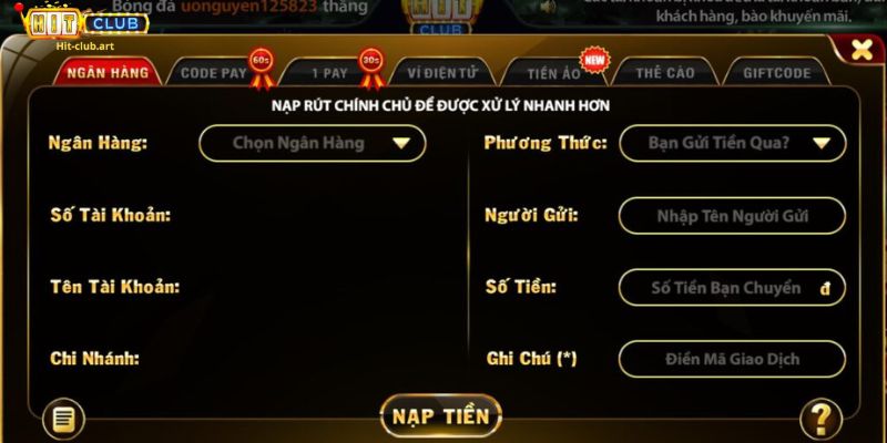 Nạp hitclub qua Ngân Hàng